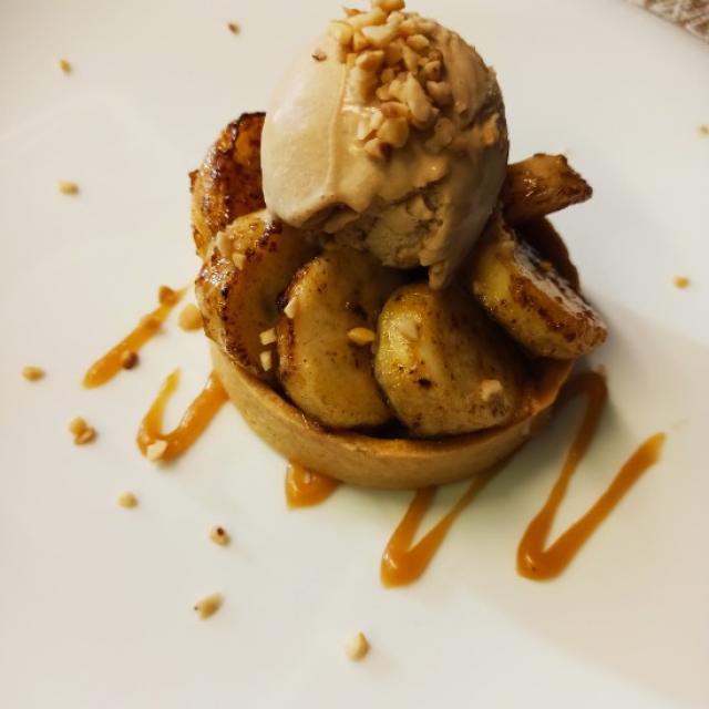 Tarte caramel aux bananes caramélisées/fruits secs